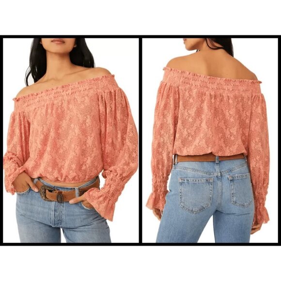 💕FREE PEOPLE💕 Emily Lace Off the Shoulder Top ~ Savannah Red Small S NWT - Picture 1 of 12